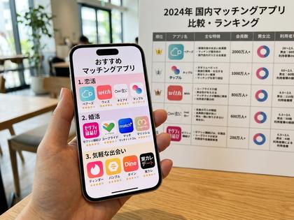 スマートフォンの画面に複数の出会い系アプリ・マッチングアプリのアイコンが並んでいる様子 800×600