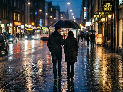 雨の街を1本の傘に入って歩く男女の後ろ姿。夕暮れの濡れたアスファルトに光が反射している