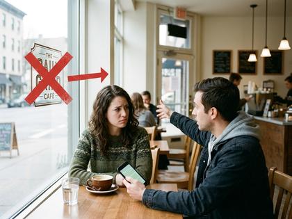 昼間のカフェで向かい合って話す男女、窓際の明るい席、800px×600px