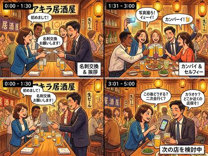 居酒屋の個室で乾杯しながらスマホで自撮りする男女のグループ 800x600