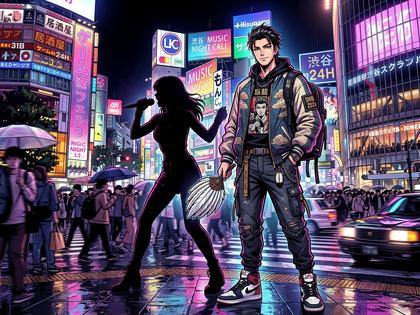 渋谷のスクランブル交差点の夜景とネオンサイン 800x600