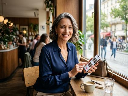 スマートフォンを見ながらカフェで微笑む40代女性、窓際の自然光、800px×600px