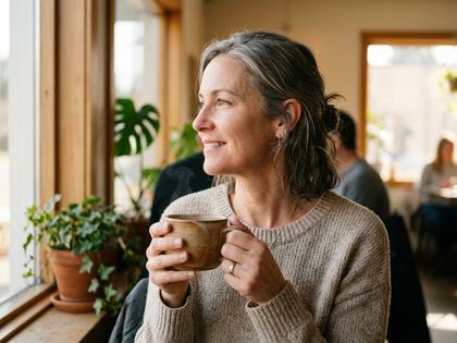 自然光の中でコーヒーカップを持つ女性の横顔、顔が半分見える柔らかい写真、800px×600px