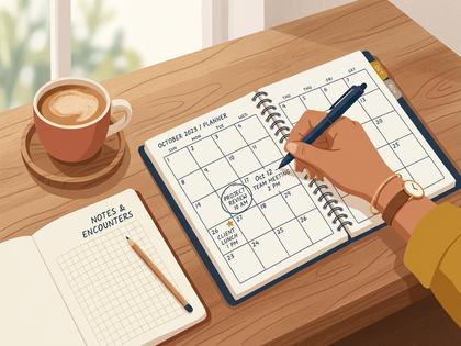 手帳に予定を書き込む女性の手元アップ、カフェのテーブル、800px×600px