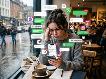 スマホの通知画面を見ながらため息をつく20代女性、カフェの窓際、800×600