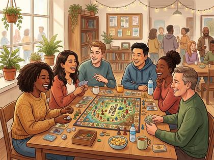 社会人サークルでボードゲームを囲む男女数名の様子、800×600