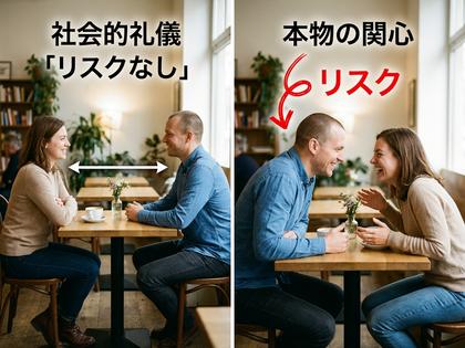 カフェのテーブル越しに向かい合って笑顔で話す男女、自然光の入る店内、800×600