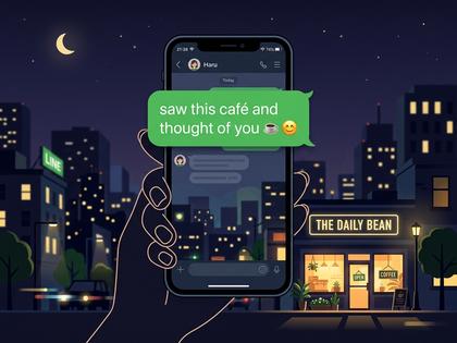 夜のベッドでスマートフォンのLINE画面を見て微笑む女性、800×600
