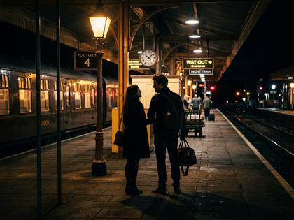 夜の駅前で別れ際に名残惜しそうに話す男女のシルエット、800×600