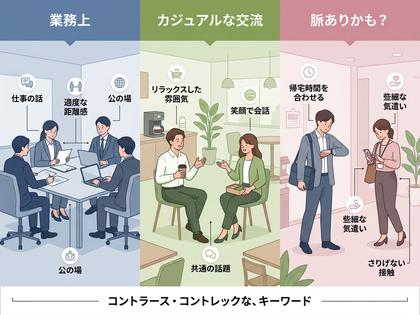 オフィスのデスクで書類を見ながら並んで話す男女の同僚、800×600