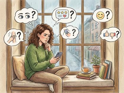 スマートフォンを見ながら不安そうに考え込む女性、部屋の窓際、800×600