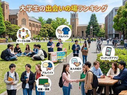 大学のキャンパスで談笑する男女の学生グループ、明るい昼下がりの雰囲気、800px×600px