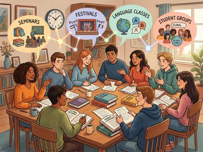 大学のゼミ室でグループワークをする学生たち、机を囲んで資料を広げている様子、800px×600px