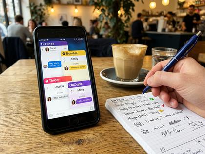 カフェのテーブルでスマホを見ながらメモを取る女性の手元