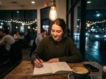 カフェのテラス席でノートを開いて考え事をしている女性