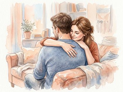 ソファに座る男性の後ろから女性がそっと抱きついている柔らかな雰囲気のイラスト