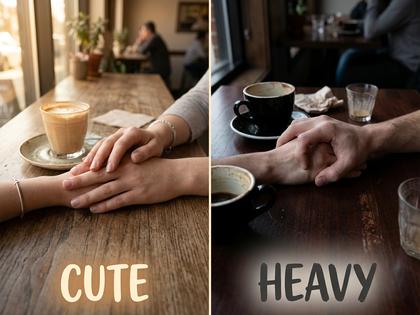 カフェの席で向かい合って笑い合うカップルの手元