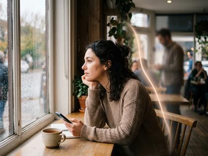 窓辺で一人でコーヒーを飲みながらスマホを見る女性