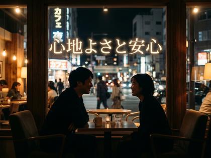 夜のカフェの窓際で向かい合って微笑む男女のシルエット、暖色の照明、800×600