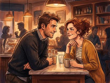 カフェのカウンター席で、少し意地悪そうに笑いながら女性に話しかける男性の横顔。800px×600px