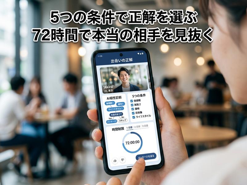 カフェでスマホのマッチングアプリを操作。5条件と72時間タイマー表示。