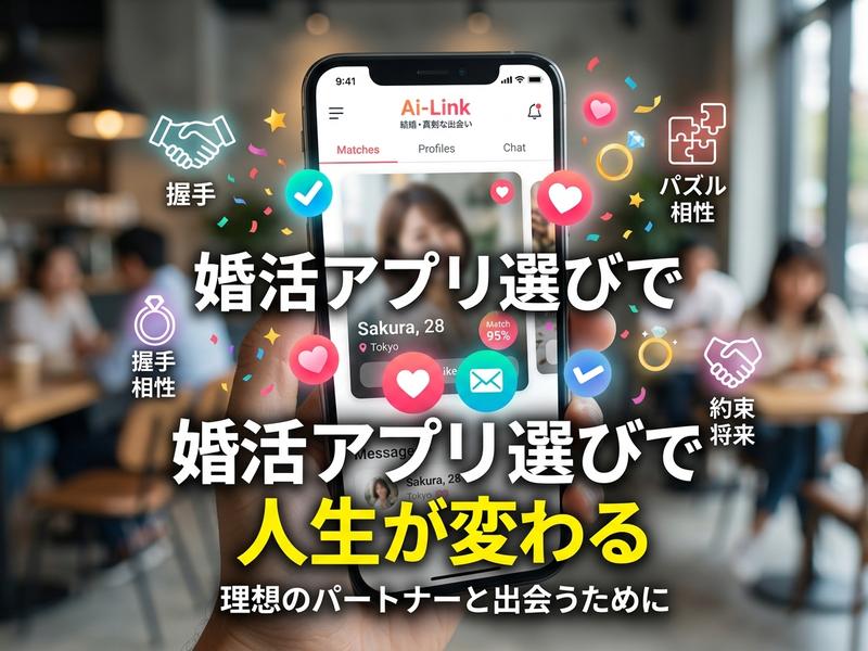 婚活アプリの画面を表示したスマホと、出会いや未来を象徴するアイコン。