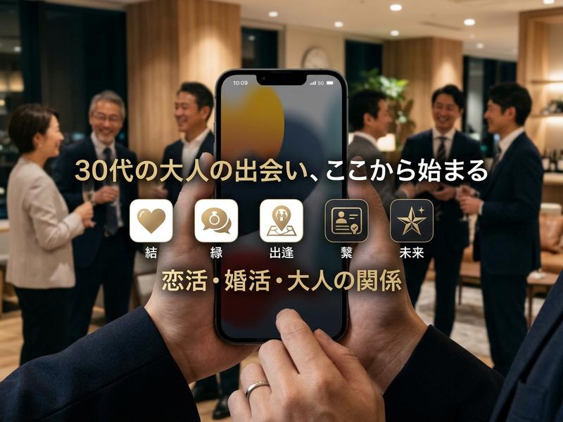 30代の男女が談笑する背景で、婚活・恋活アプリのスマホ画面を表示した手。