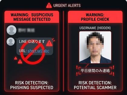 不審なメッセージを受け取って警戒する女性のスマホ画面イメージ、800×600