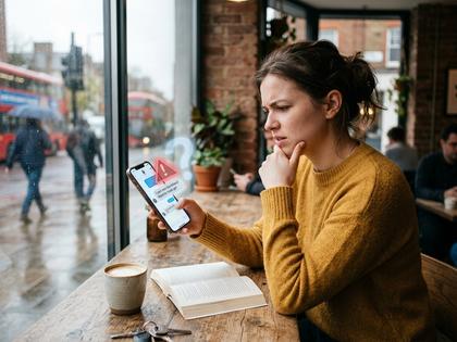 スマホのメッセージ画面を見ながら首をかしげる20代女性、カフェの窓際、800×600