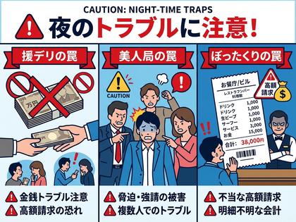 夜の繁華街で立ち止まり、スマホで相手のプロフィールを確認する女性の後ろ姿、800×600