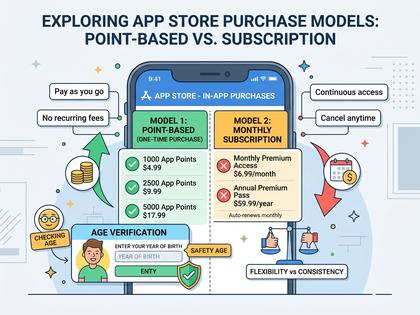 アプリストアの課金アイテム一覧と年齢確認画面を見比べるスマホ画面のイメージ、800×600
