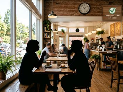 明るいカフェで向かい合って話す男女のシルエット、安心感のある雰囲気、800px×600px
