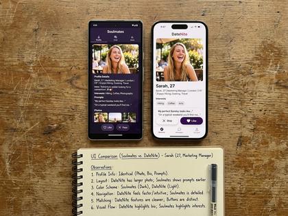 ノートにメモを取りながらスマートフォンを見比べる様子、机の上にコーヒー、800px×600px